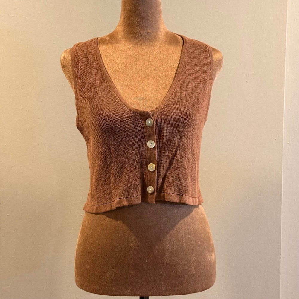 fab'rik Sweater Vest Women L Brown Knit V-Neck Button Front Rachel Green Earthy